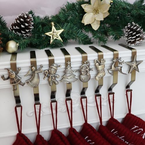 Christmas Stocking Holder for Mantle Set of 8, Reusable Christmas Stocking Hooks, No-Damage Xmas Hanger for Fireplace mantle Grip Stand Christmas Decoration Ornaments Hanging Bronze Shelf Floor by XENTUMI