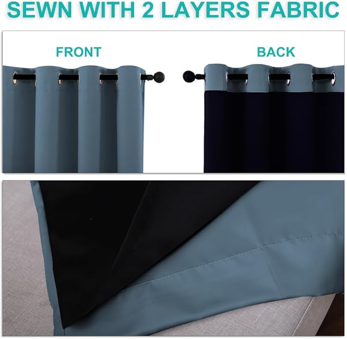 NICETOWN 100% Blackout Curtains for Windows, Pack of 2, 70" W x 108" L, Smoky Blue, Super Heavy-Duty Black Lined Total Darkness Drapes for Bedroom, Privacy Assured Window Treatment for Patio
