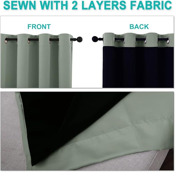NICETOWN Greyish Green 100% Blackout Lined Curtains, 2 Thick Layers Completely Blackout Window Treatment Thermal Insulated Drapes for Kitchen/Bedroom (1 Pair, 70" Width x 63" Length Each Panel)