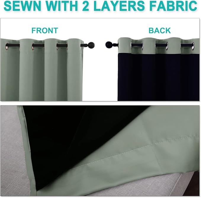 NICETOWN Greyish Green 100% Blackout Windows Curtains, Super Heavy-Duty Black Lined Total Darkness Drapes for Bedroom, Privacy Assured Window Treatment for Patio (2 PCs, 52 inches W x 108 inches L)