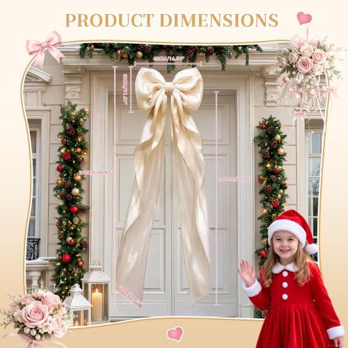 Big Satin Bow Coquette Room Decor, 16x79 Inch Large Christmas Bows for Birthday Decorations, Christmas Tree Topper, Girl Room Decor, Bachelorette, Wedding, Baby Shower, Front Door, Wreath (Beige) - Image 3