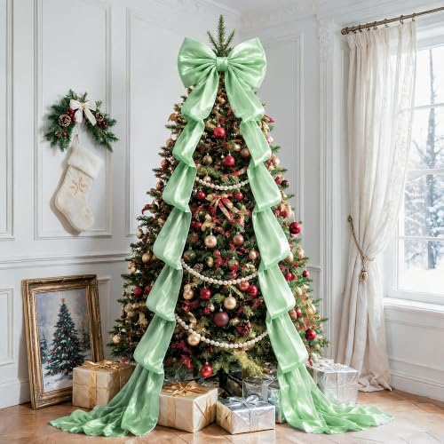 Big Satin Bow Coquette Room Decor, 16x79 Inch Large Christmas Bows for Birthday Decorations, Christmas Tree Topper, Girl Room Decor, Bachelorette, Wedding, Baby Shower, Front Door, Wreath (Green) by AERORIBOWEnjoyEveryDay