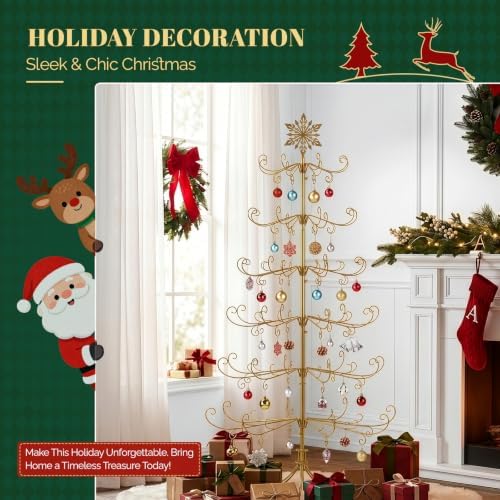 VINGLI 6ft Metal Christmas Ornament Tree Stand, Decorative Iron Display Tree w/ 192 Branches, Snowflake Topper, Ornament Display for Hanging Balls, Wrought Iron Xmas Tree Holiday Decorations, Gold - Image 7