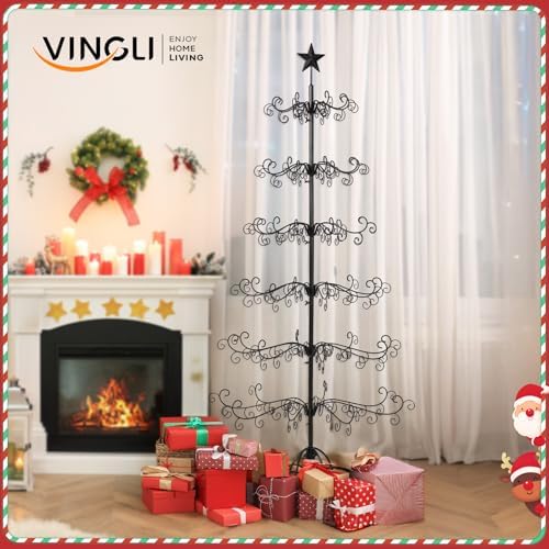 VINGLI 6ft Wrought Iron Christmas Tree w/192 Branch Tips, 6-Tier Metal Display Stand for Gifts, Box, Ornament Display Tree Suit for Holiday, Party, Home Decor, Indoor & Outdoor Decor Hanger, Black - Image 3