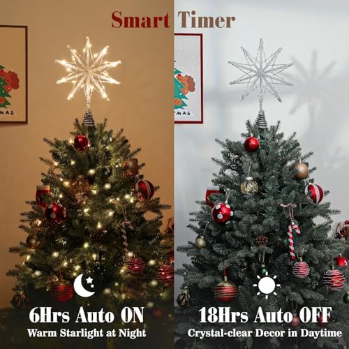Lewondr Christmas Tree Topper Star, 13.8 Inch 10-Pointed Star Treetop with Glittered Epoxy, Remote & USB Powered Xmas Stars Treetop for Christmas Tree Decoration, 6H Timer & 8 Modes, Silver - Image 4