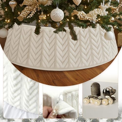 OurWarm Adjustable White Christmas Tree Collar, Rustic Faux Fur Tree Skirt for Xmas Trees Decorations, Farmhouse Christmas Tree Ring Base Cover Modern Boho Holiday Winter Decor - Image 3