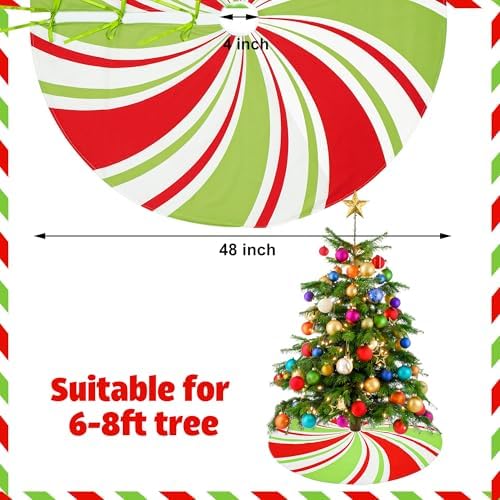 48 Inch Christmas Tree Skirt Peppermint Candy Tree Mat Large Christmas Red White and Green Trees Skirt Candy Swirl Stripe Trees Skirts for Xmas Holiday Home Party Ornament Rustic Farmhouse Decoration - Image 2