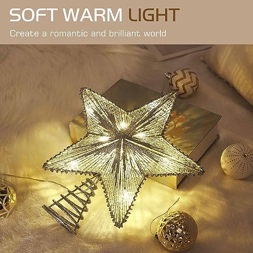 Lewondr Lighted Christmas Star Tree Topper with Remote & Timer, Silver - Image 2