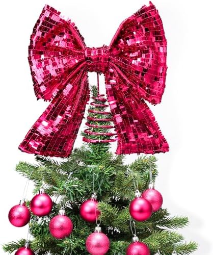 Demissle 10 x 12 Inch Sequin Hot Pink Bow Tree Topper Hot Pink Bow Glitter Christmas Tree Topper Christmas Holiday Decoration for Coquette Themed Xmas Home Decor by Demissle