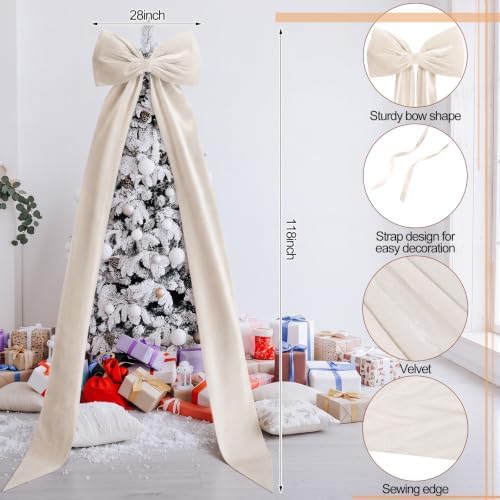 Knitgrip Extra Large Velvet Christmas Tree Topper Bow, Beige, 118 Inch - Image 2