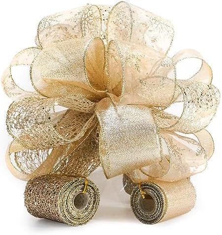 Christmas Tree Topper Bow - Bow: 11" sq. - Tails: 3 Yards Long Each - Champagne Snowflake by Traico