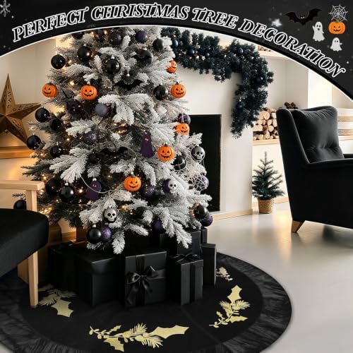 48 Inches Velvet Halloween Tree Skirt Black Luxury Xmas Gold Fur Plush Skirts with Gold Embroidered Holly for Halloween Merry Christmas Party Rustic Vintage Holiday Home Winter Decorations - Image 5