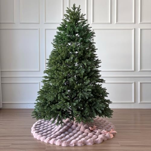 48-Inch Puff Quilt Faux Fur Christmas Tree Skirt, Soft Plush Tufted Texture with Satin Ribbon Ties, Baby Pink - Image 2