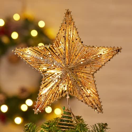 Christmas Star Tree Topper, Plug in 3D Star Tree Topper, 11”Golden Glittered Metal Hollow Designed Built-in 10 Bulbs String Lights for Christmas Tree Decorations by Brightown