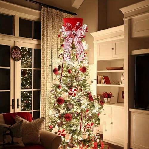 Christmas Candy Canes Tree Topper Velvet Red Hat with Peppermint Bows Ornament Santa Hat Tree Topper for Home Office Holiday Xmas Gift Tree Decoration (Red, 25cmx21cmx21cm) - Image 4
