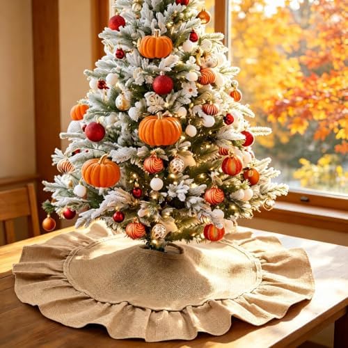 Mini Burlap Tree Skirt 24 Inch, Small Fall Christmas Tree Skirt with Ruffle by Sofevaim