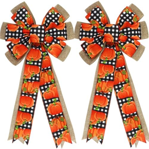 2 Pcs Fall Bows for Wreaths Decorations,Fall Tree Topper Bow,Thanksgiving Bow with Orange Pumpkin Buffalo Plaid Burlap for Halloween Autumn Home Front Door Outdoor by brand