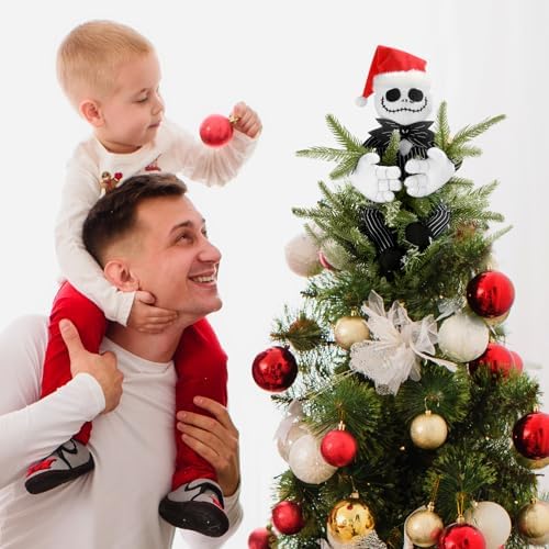 Tree Topper Decorations for Halloween and Christmas, Cute Plush Jack Huggers with Santa Hat, Poseable Handmade Tree Topper Party Decor - Image 3