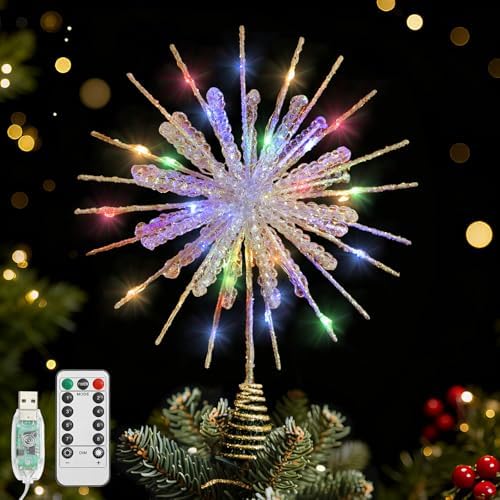 Lewondr Crystal Christmas Snowflake Tree Topper, Colorful Lights, Gold by Lewondr