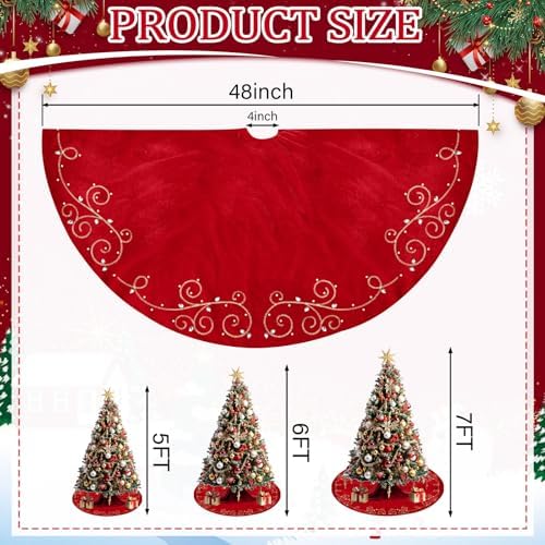 48inch Christmas Tree Skirt Red Luxury Velvet Plush Fur Skirts Baroque Tree Skirts with Gold Embroidered Pearls and Crystals Xmas Velvet Trees Skirt for Christmas Holiday Party Home Decorations - Image 2
