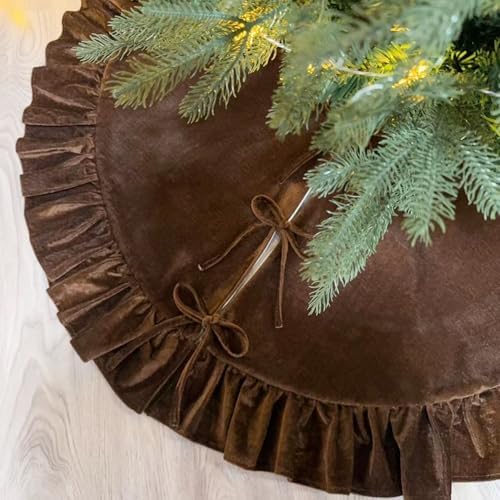60 Inch Large Christmas Tree Skirt, Brown Velvet with Ruffled Edge for Big Trees Decorations for Home Party Festival by Amidaky
