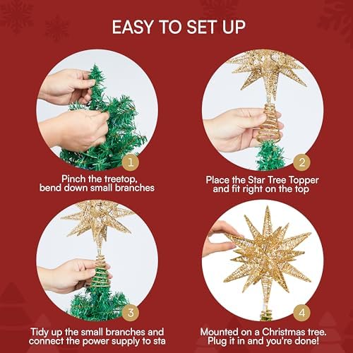 JOIEDOMI 7.8" Metal 3D Star Christmas Tree Topper Golden Glitter Decorations with 56 LED Warm White with Plug Timer Ornaments Treetop Home Holiday Party Indoor Decor - Image 6
