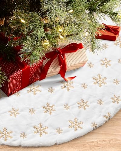 COOLWUFAN 36 Inches Faux Fur Christmas Tree Skirt, Gold Sequin Snowflake by COOLWUFAN