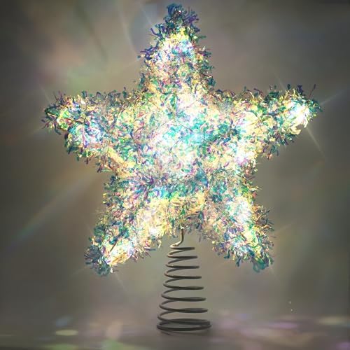 LAWOHO Christmas Tree Topper Star, Exquisite Christmas Decor, 10 Inch Shiny Iridescent Christmas Tree Decoration with 6H Timer, 20 Warm LED Lights for Xmas Tree, Holiday & Party, Indoor Decor by LAWOHO