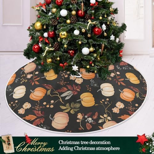 Fall Autumn Harvest Tree Skirt 36", Autumn Orange Pumpkins Flowers Leave Christmas Xmas Tree Skirts Floor Door Mat Round Pad for Thanksgiving Festival Party Indoor Outdoor Home Decor - Image 6