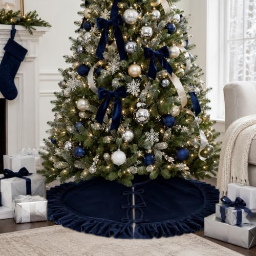 60 Inch Large Christmas Tree Skirt, Navy Blue Velvet with Ruffled Edge for Big Trees Decorations for Home Party Festival - Image 6