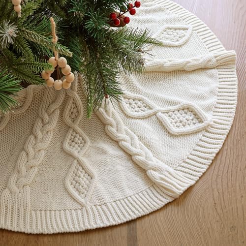 48 inch Christmas Tree Skirt: Diamond Braided Cable Knit Tree Skirt for 7.5ft Tree, Cream White Tree Skirt, Vintage Tree Skirts, Rustic Farmhouse Christmas Decorations - Image 4