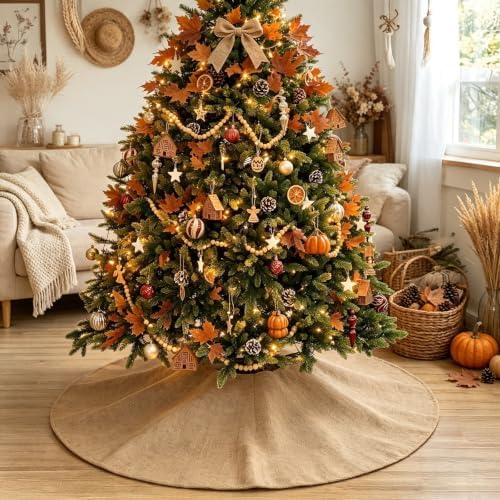 Fall Burlap Tree Skirt, 48 inch Rustic Farmhouse Christmas Tree Decorations - Image 3