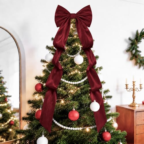 Big Burgundy Red Bows, Large Velvet Bow, 16×52 in Giant Hanging Wall Bow Room Decor, Christmas Bows for Coquette Girl Bedroom, Birthday, Bridal Shower Wedding, Christmas Tree Topper Bow, Front Door by AERORIBOWEnjoyEveryDay