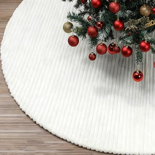 84 Inch Large Faux Fur White Christmas Tree Skirt for 8.5ft to 15ft Tree with Stripe Textured Pattern Soft Beige Boho Luxury Xmas Trees Decorations for Party Home Decor by Bornerwhite