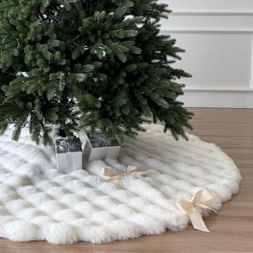 72-Inch Puff Quilt Faux Fur Christmas Tree Skirt, Soft Plush Tufted Texture with Satin Ribbon Ties, Cream by StarryDynamo