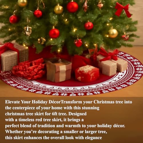 Christmas Tree Skirt 48 Inches | Red Xmas Tree Skirt with Rustic Snowflake & Reindeer Pattern, Fits 5 to 7 Foot Trees, Perfect Christmas Decorations for Holiday Trees. - Image 6