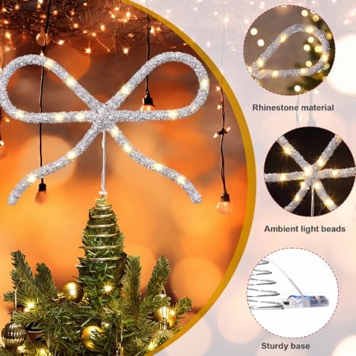 Retisee 9.8 Inch Bow Christmas Tree Topper LED Rhinestone Decor, Silver - Image 3