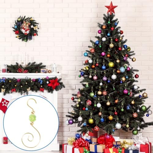 INCREWAY 30PCS Christmas Ornament Hooks with Four Leaf Clover Bead, S-Shaped Decorative Hangers Gold Metal Wire Green Acrylic Beads for Christmas Tree Decorations Party Crafts Door Frame - Image 5