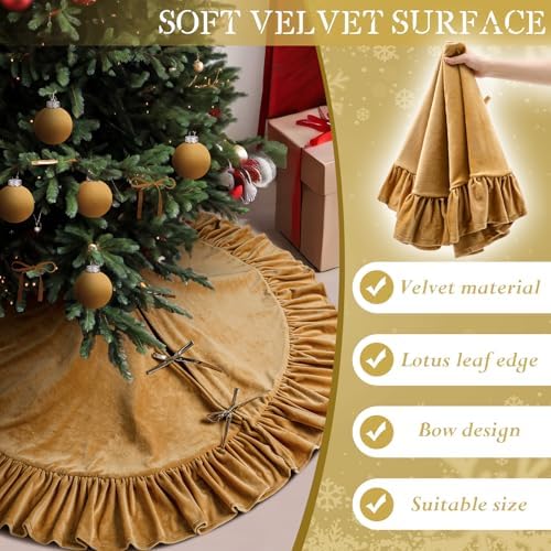 Velvet Christmas Tree Skirt, 48 Inches, Bow Style, Khaki - Image 3