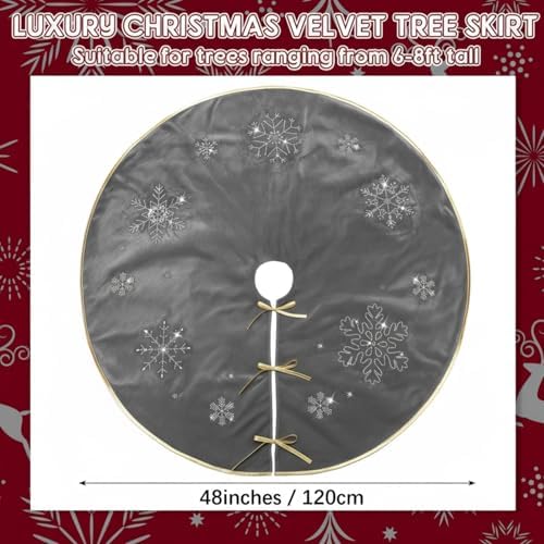 Gray Velvet Tree Skirt 48 Inch, Gold Snowflake Rhinestone - Image 2