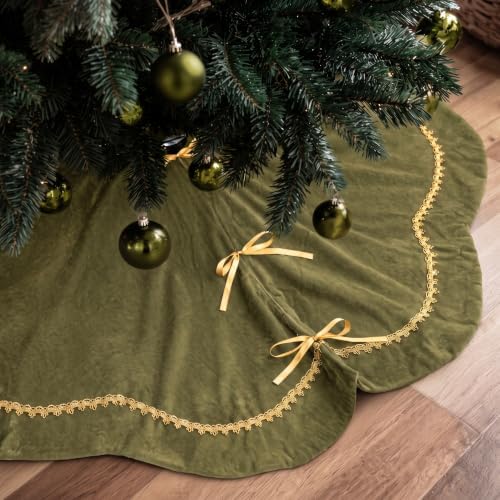 Arrowbash 72 Inch Olive Green Christmas Tree Skirt Velvet Fur Scallop Tree Skirt Sparking Gold Lace Trim for Party Rustic Xmas Holiday Decorations All Year by Arrowbash