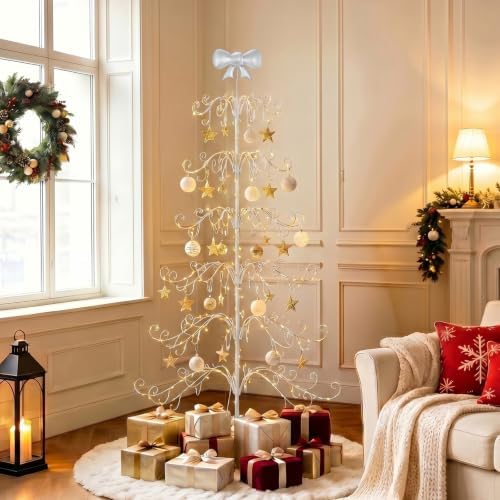 VINGLI 6ft Metal Christmas Ornament Tree Stand w/Bow Topper, 192 Branches, Decorative Iron Display Tree for Hanging Ornaments, Wrought Iron Christmas Tree Decoration for Holiday Home Decor, White by VINGLI