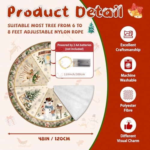 Christmas Tree Skirt with LED Lights, 48 Inch Christmas Skirt Tree Decoration with Snowman Reindeer, Christmas Trees Mat for Under Trees Holiday Party Indoor Decorations, Winter Gift for Women - Image 2