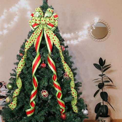Christmas Tree Topper Wreath Bow Large Green Christmas Bow Tree Topper with Red Green Dot Patterned Gift Bows for Xmas Holiday Home Wedding Thanksgiving Indoor/Outdoor Decoration 52"x13" - Image 6