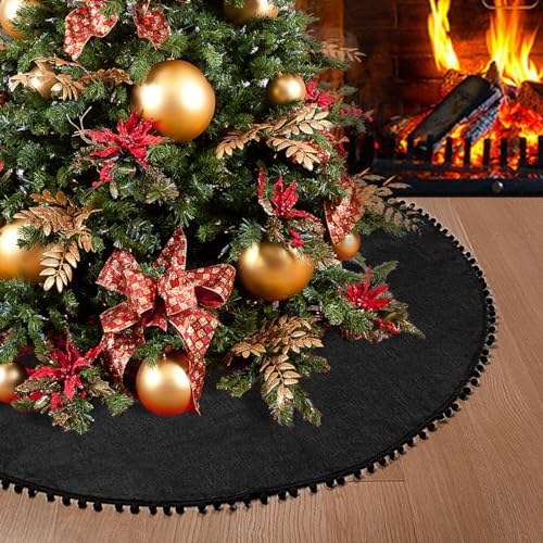 Christmas Tree Skirt, Black Christmas Tree Skirt 48 inches Soft Double Layer Burlap Tree Skirt with Pom Pom for Rustic Christmas Halloween Decorations by SevenFish