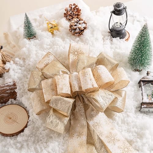 Christmas Tree Topper, 40x13 Inches Toppers Bow with Glitter Satin Mesh Streamer and Patterned Ribbon, Christmas Tree Topper Bow for Christmas Home Decoration (Champagne Gold) - Image 4