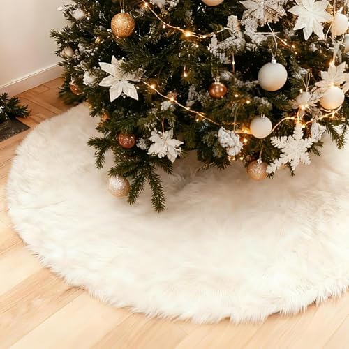 Christmas Tree Skirt White, 48 Inch Soft Faux Fur Xmas Tree Skirts, Large Luxury Velvet Plush Christmas Trees Decoration, White Ornaments for Christmas Holiday Party Indoor Party Home Decor by MerryChristmas
