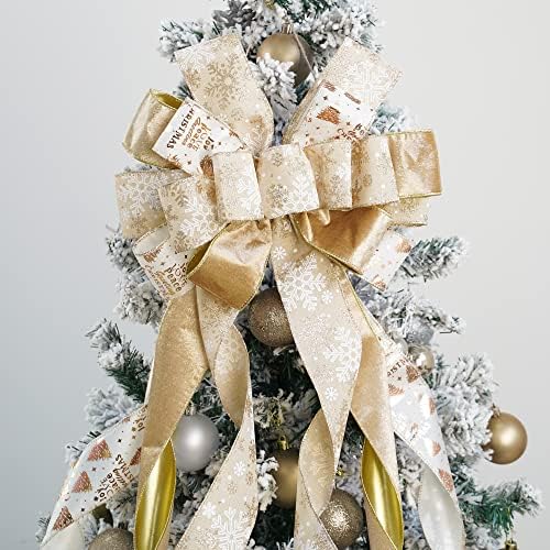 MEEDEE Champagne Christmas Tree Topper - 12" Wide Velvet Champagne & Gold Bows (1 Pack) - Image 6