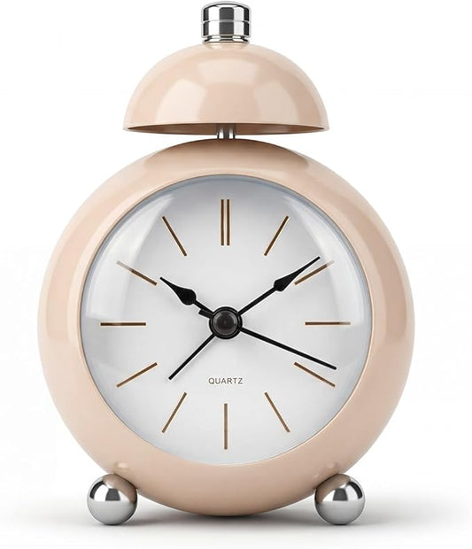 Analog Alarm Clock, Mid-Century Modern Desk Clock, Silent Non-Ticking Quartz Table Clock with Black Hands, Battery Operated Decorative Clock for Bedroom, Office, Living Room (Light Champagne)