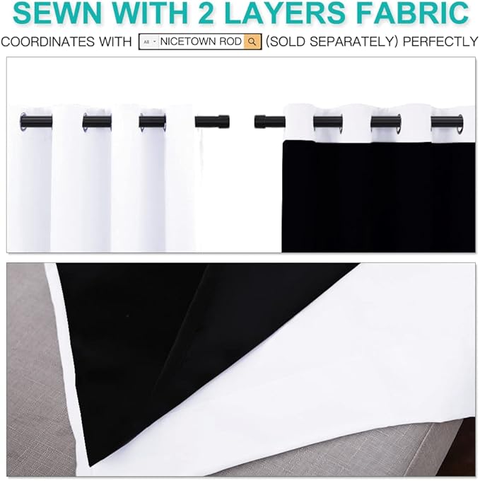 NICETOWN 100% Blackout Window Curtain Panels, Cold and Full Light Blocking Drapes with Black Liner for Nursery, 84 inches Drop Thermal Insulated Draperies (White, 2 Pieces, 52 Wide Each Panel)